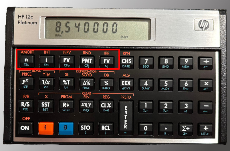 HP-12C Plantinum edition, con evidenziati in alto i tasti per calcolare l&amp;rsquo;interesse